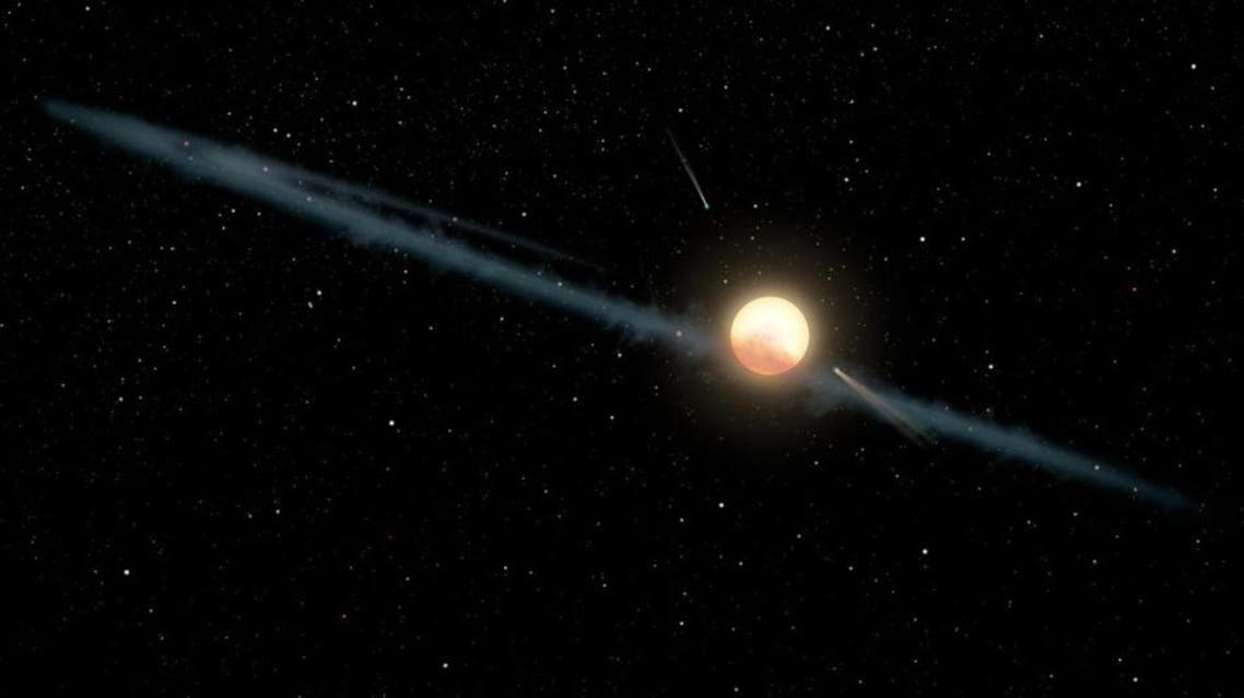 An illustration shows an uneven dust ring circling KIC 8462852, also known as Tabby's Star. Photo by NASA/JPL-Caltech