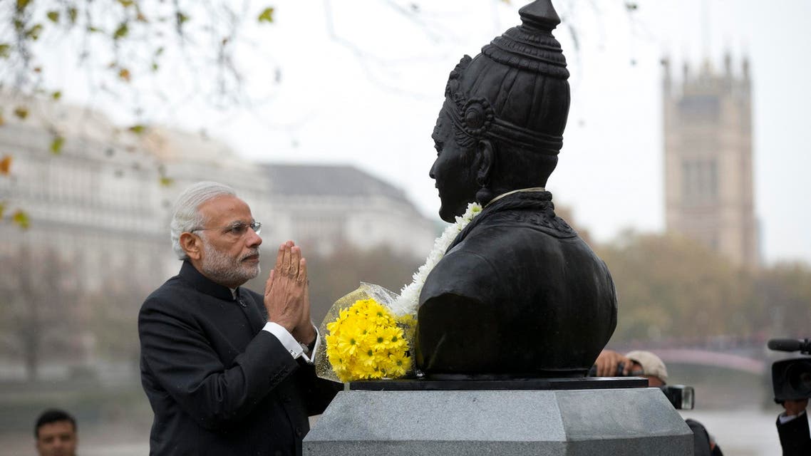 Prime Minister Narendra Modi after unveiling a statue of 12th century philosopher Basaveshwara in London on Nov. 14, 2015. (AP)