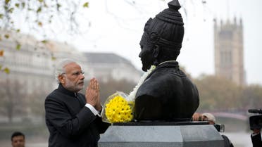 Prime Minister Narendra Modi after unveiling a statue of 12th century philosopher Basaveshwara in London on Nov. 14, 2015. (AP)