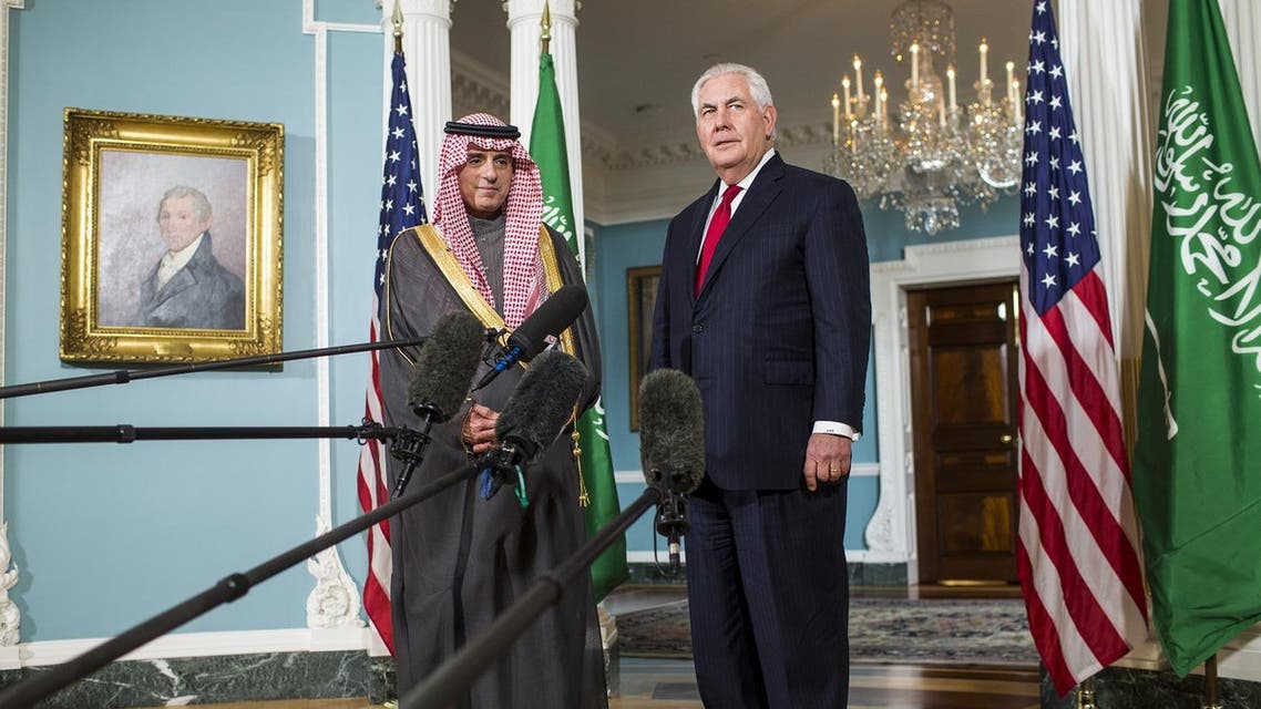 U.S. Secretary of State Rex Tillerson and Saudi Arabian Foreign Minister Adel al-Jubeir attend a press event at the State Department on January 12, 2018 in Washington, DC. (AFP)