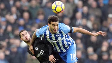 Chelsea’s Eden Hazard (left), and Brighton & Hove Albion’s Connor Goldson in action in Brighton, England, ony Jan. 20, 2018. (AP)