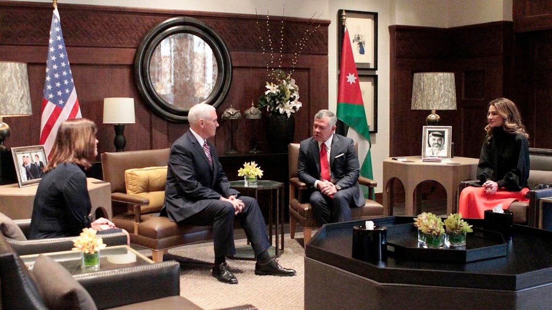 Jordanian King Abdullah II and Queen Rania of Jordan meeting with US Vice President Mike Pence and his wife Karen Pence in the capital Amman. (AFP)