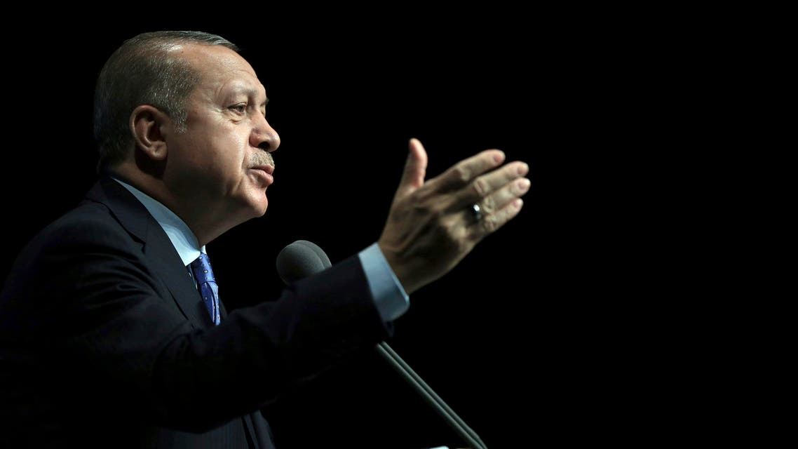 Turkey's President Recep Tayyip Erdogan addresses businessmen in Ankara, Turkey, Monday, Jan. 22, 2018. The Turkish offensive on Afrin, codenamed Operation Olive Branch, started on Saturday, heightening tensions in the already complicated Syrian conflict and threatening to further strain ties between NATO allies Turkey and the United States. (Murat Cetinmuhurdar/Pool Photo via AP)