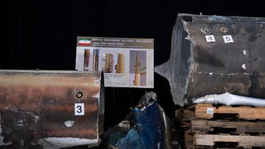 Pieces of an Iranian Qiam Ballistic Missile are on display after US Ambassador to the United Nations Nikki Haley unveiled previously classified information intending to prove Iran violated UNSCR 2231 by providing the Houthi rebels in Yemen with arms. (AFP)