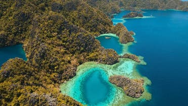 Aerial view: Mountain Barracuda lake, on tropical island, Lagoon with blue, azure water. Lake in the mountains covered with tropical forest on the island Coron, Palawan, Philippines. (Shutterstock)
