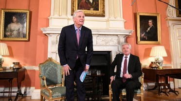 Britain's Secretary of State for Exiting the European Union David Davis and the European Union's chief Brexit negotiator Michel Barnier arrive before speaking inside 10 Downing Street. (Reuters)
