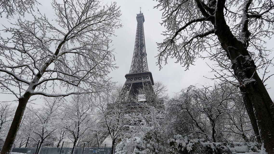 Snow-covered trees are seen near the Eiffel Tower in Paris, as winter weather with snow and freezing temperatures arrive in France, February 7, 2018. REUTERS