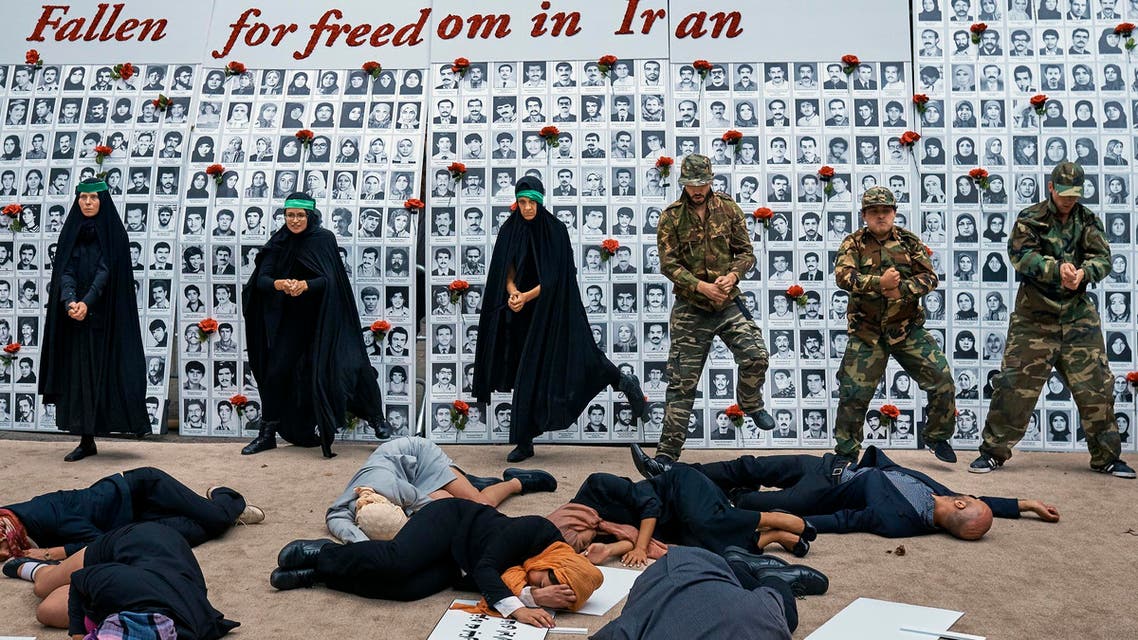 Activists act out human rights abuses outside UN headquarters in New York on Sept. 20, 2017. (AP)