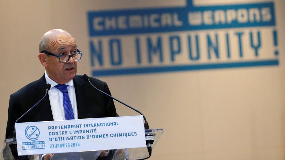 French Foreign Affairs Minister Jean-Yves Le Drian delivers a speech during a foreign ministers’ meeting on the International Partnership against Impunity for the Use of Chemical Weapons, in Paris, France, January 23, 2018. REUTERS/Philippe Wojazer