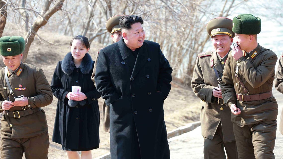 This undated picture released from North Korea's official Korean Central News Agency (KCNA) on March 12, 2015 shows North Korean leader Kim Jong-Un (C) inspecting the Sin Islet defence company in Kangwon province, while Kim Yo-Jong (2nd L), vice department director of the Central Committee of the Worker's Party of Korea (WPK) and the younger sister of Kim Jong-Un, follows him. AFP PHOTO / KCNA via KNS REPUBLIC OF KOREA OUT THIS PICTURE WAS MADE AVAILABLE BY A THIRD PARTY. AFP CAN NOT INDEPENDENTLY VERIFY THE AUTHENTICITY, LOCATION, DATE AND CONTENT OF THIS IMAGE. THIS PHOTO IS DISTRIBUTED EXACTLY AS RECEIVED BY AFP. ---EDITORS NOTE--- RESTRICTED TO EDITORIAL USE - MANDATORY CREDIT "AFP PHOTO / KCNA VIA KNS" - NO MARKETING NO ADVERTISING CAMPAIGNS - DISTRIBUTED AS A SERVICE TO CLIENTS KNS / KCNA / AFP