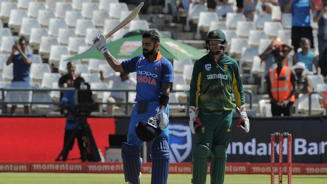 India’s Virat Kohli (left) celebrates his century during the One Day International (ODI) cricket match between India and South Africa, at Newland Stadium, on February 7, 2018, in Cape Town. (AFP)