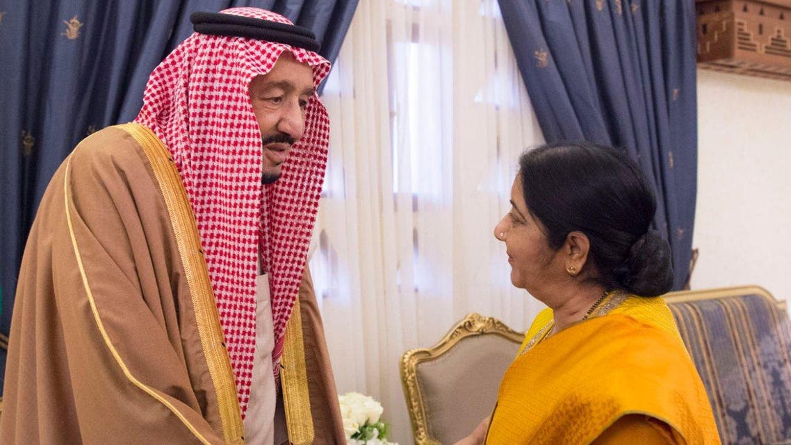 King Salman meets India’s Minister of External Affairs Sushma Swaraj at the Indian pavilion in Janadriya festival. (SPA)