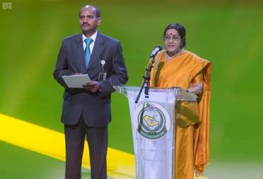 India’s Minister of External Affairs Sushma Swaraj at the Indian pavilion in Janadriya festival. (SPA)
