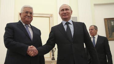 Russian President Vladimir Putin (C), Foreign Minister Sergei Lavrov (R) and Palestinian President Mahmoud Abbas attend a meeting at the Kremlin in Moscow, Russia February 12, 2018. (Reuters)