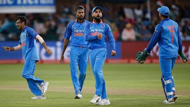 India captain Virat Kohli (C) celebrates bowler Hardik Pandya (2nd L) after he dismissed South Africa batsman JP Duminy (unseen) during the fifth ODI cricket match on February 13, 2018.  (AFP)