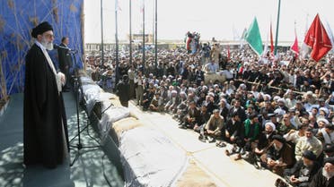 Iran’s Supreme Leader, Ayatollah Ali Khamenei, speaks to ethnic Arabs during a visit to Dehlavieh in the southern oil province of Khuzestan, on 25 March 2006. (AFP)