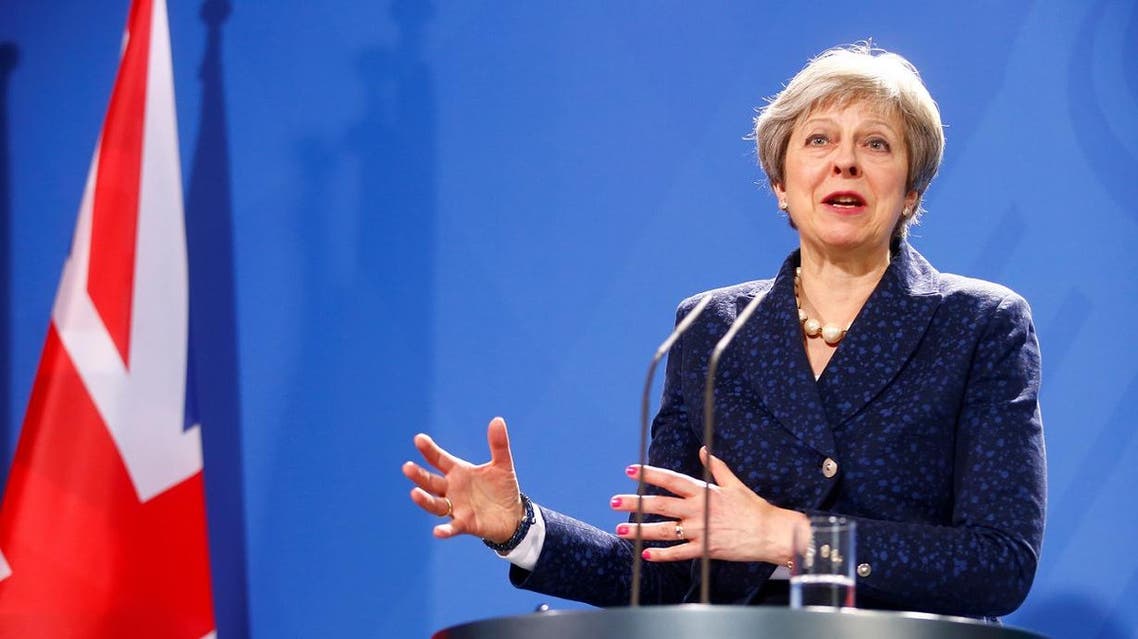 Britain's Prime Minister Theresa May during a news conference with German Chancellor Angela Merkel in Berlin, Germany, February 16, 2018. (Reuters)