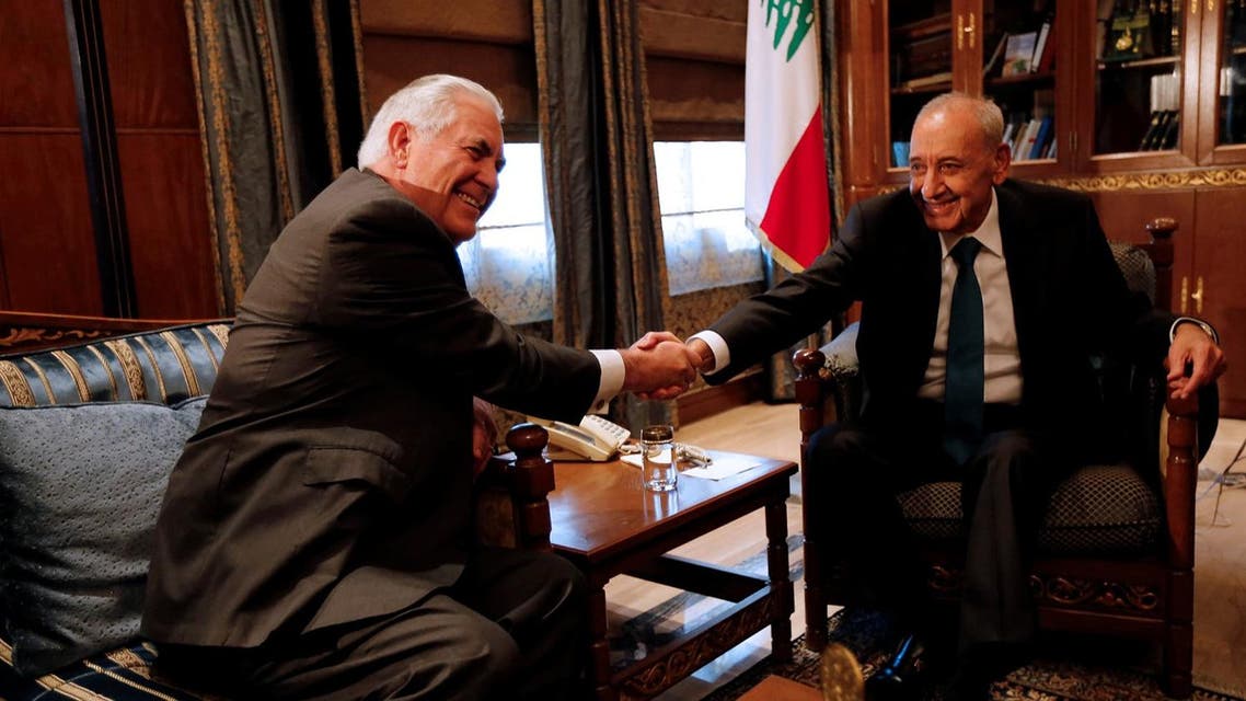 Lebanese Parliament Speaker Nabih Berri shakes hands with US Secretary of State Rex Tillerson in Beirut, on February 15, 2018. (Reuters)