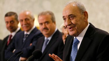 Parliament Speaker Nabih Berri (R) speaks to the press following the appointment of Lebanon's new prime minister at the presidential palace in Baabda, near Beirut, on November 3, 2016. Saad Hariri was nominated to form a cabinet by his one-time political adversary, President Michel Aoun, who took office this week after receiving the surprise support of his old foe.  ANWAR AMRO / AFP