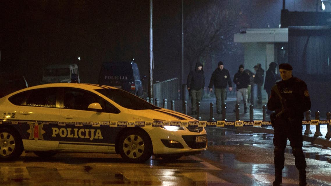 Police guard the entrance to the US embassy building in Podgorica, Montenegro, on February 22, 2018. (Reuters)