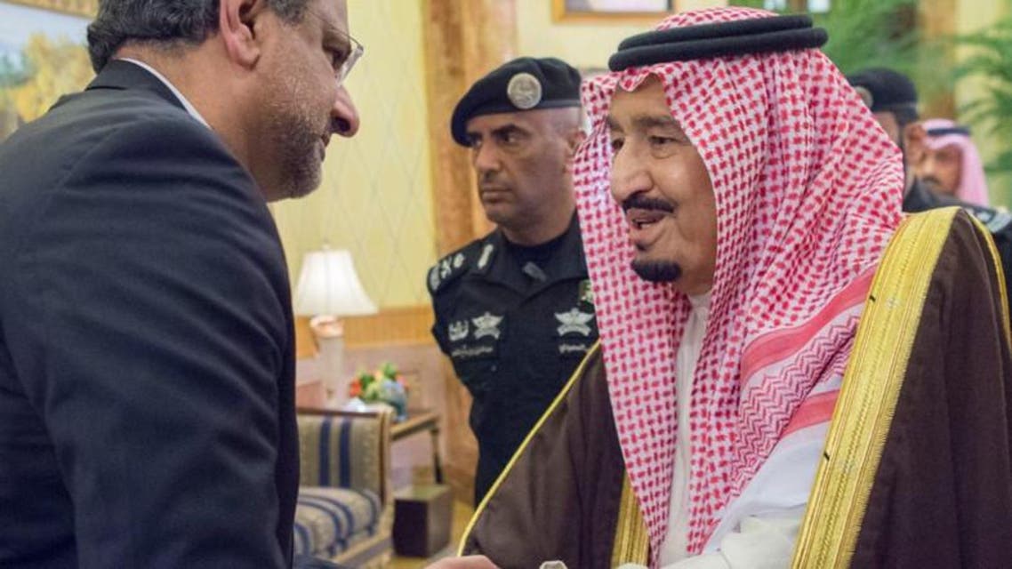 Prime minister Shahid Abbasi being greeted by King Salman. (SPA)