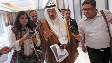 Saudi Arabia’s Energy Minister Khalid al-Falih talks to the media as he leaves after a meeting in New Delhi, India, on February 23, 2018. (Reuters)