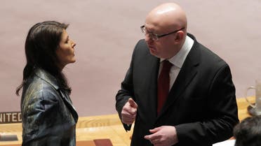 U.S. United Nations ambassador Nikki Haley speaks with Russian ambassador to the UN Vasily Nebenzya before a meeting of the UN Security Council at UN headquarters in New York, U.S., February 20, 2018. REUTERS/Lucas Jackson