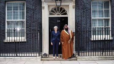 Britain's Prime Minister Theresa May greets the Crown Prince of Saudi Arabia Mohammad bin Salman outside 10 Downing Street in London. (Reuters)