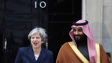 Britain’s Prime Minister Theresa May greets the Crown Prince of Saudi Arabia Mohammad bin Salman outside 10 Downing Street in London, on March 7, 2018. (Reuters)
