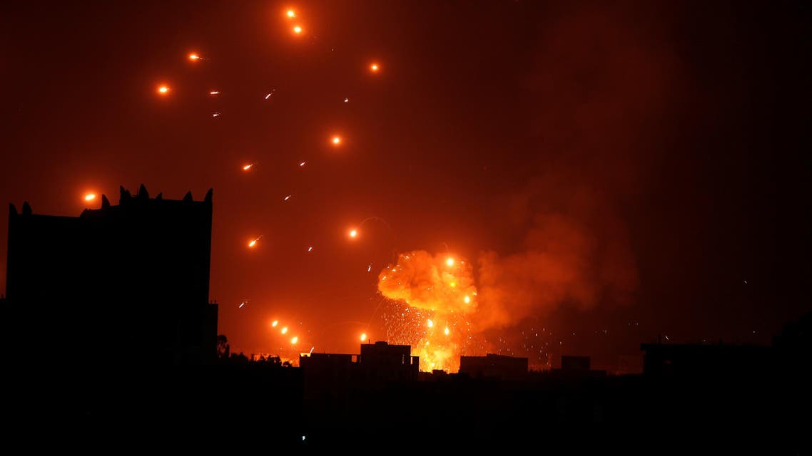 A Houthi arms depot explodes after it was hit by air strikes in Sanaa, Yemen January 31, 2018. (Reuters)