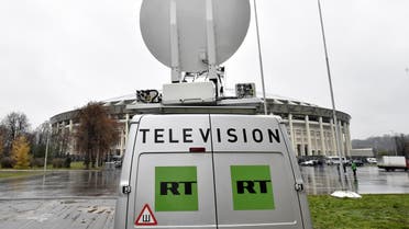 Russia Today (RT) television broadcast van parked ahead of a friendly football match between Russia and Argentina in Moscow on November 11, 2017. (AFP)