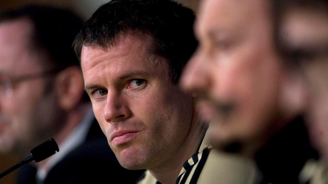 Jamie Carragher during a press conference in Madrid on Feb. 24, 2009. (AP)