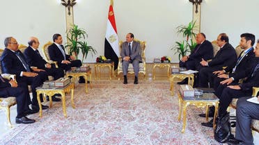 Egyptian President Abdel Fattah al-Sisi (C) meeting with Emirati Foreign Minister Sheikh Abdullah bin Zayed al-Nahyan (L) and his delegation at the Presidential Palace in the capital Cairo. (AFP)