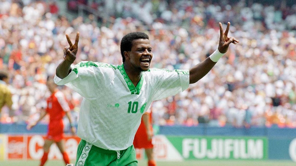 Saudi Arabia forward Saeed Owairan celebrates his first half goal against Belgium in the Group F World Cup match, Wednesday, June 29, 1994 at Washington in RFK Stadium. (AP)