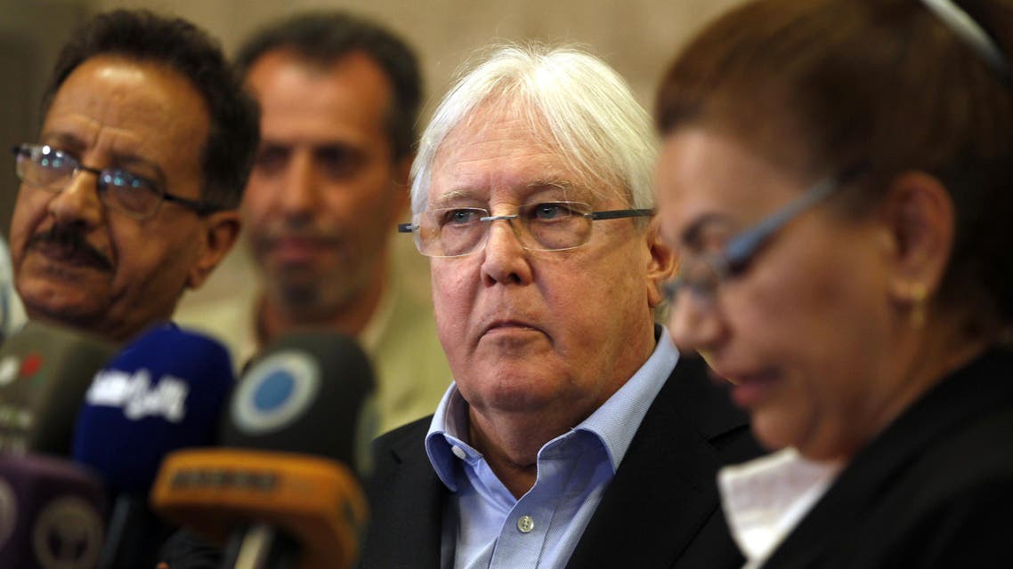 UN Special Envoy to Yemen Martin Griffith speaks to the press at Sanaa's international airport prior to his departure on March 31, 2018. MOHAMMED HUWAIS / AFP
