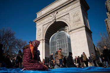 Muslims pray following a protest in Washington Square Park, January 26, 2018 in New York City. (AFP)