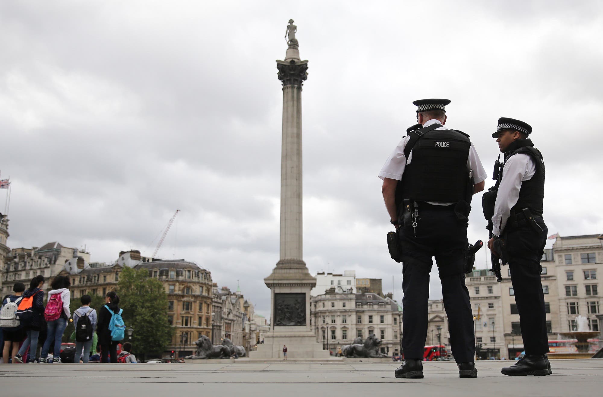 Police personnel patrol in London’s Trafalgar Square on August 4, 2016, following an overnight knife attack in Russell Square in which one woman was killed and five others injured. (AFP)