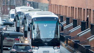 Buses believed to be carrying expelled diplomats prepare to leave the U.S. Embassy in Moscow, Russia, Thursday, April 5, 2018. (AP)