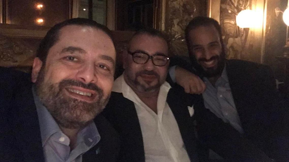 Besides Hariri and Crown Prince Mohammed bin Salman, the photo also shows King Mohammad VI of Morocco. (Twitter)