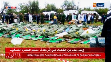 In this still taken from Algerian TV network Ennahar showing body bags of victims placed near the scene after a military plane which crashed
