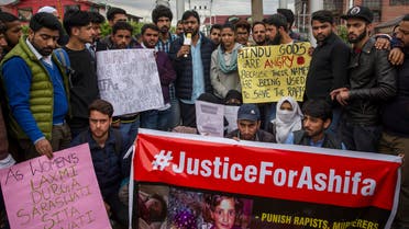 In this Wednesday, April 11, 2018 photo, students and others participate in a protest against the rape and murder of Asifa, an 8 year-old girl who was grazing her family's ponies on a chilly January day in the forests of the Himalayan foothills when she was kidnapped and her mutilated body found in the woods a week later, in Srinagar, Indian controlled Kashmir. Thousands of members of a radical Hindu group with links to the ruling party have marched to demand the release of six men accused in the repeated rape and murder of the Muslim girl inside a Hindu temple. Hundreds of Hindu lawyers have protested that the men, two of them police officers, are innocent. (AP Photo/Dar Yasin)