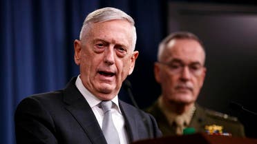 Defense Secretary Jim Mattis, joined by Joint Chiefs Chairman Gen. Joseph Dunford, speaks at the Pentagon, Friday, April 13, 2018, on the U.S. military response, along with France and Britain, in response to Syria's chemical weapon attack on April 7. (AP)
