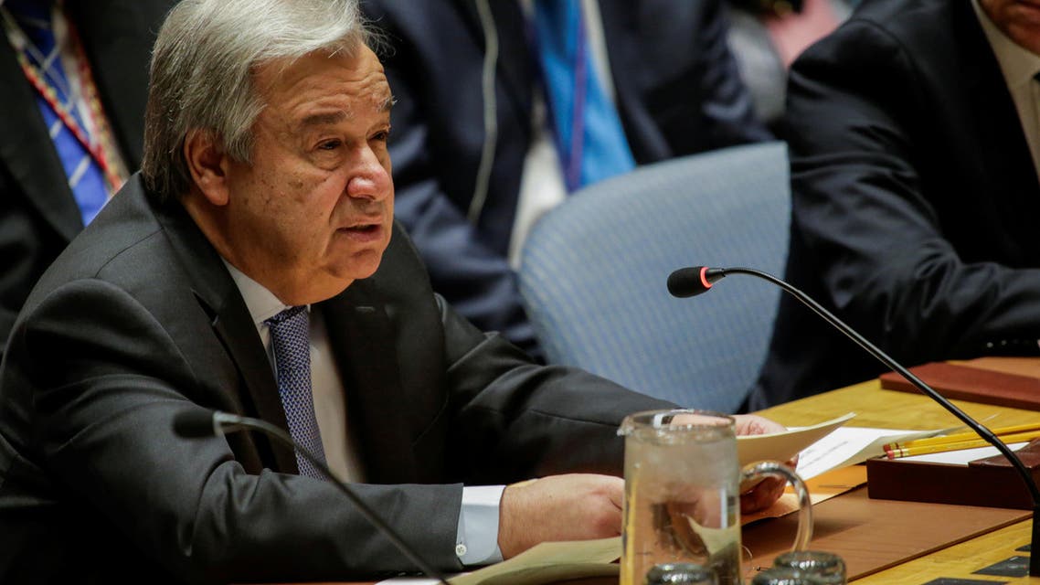 United Nations Secretary-General Antonio Guterres speaks during the United Nations Security Council meeting on Syria at the U.N. headquarters in New York, U.S., April 13, 2018. REUTERS/Eduardo Munoz