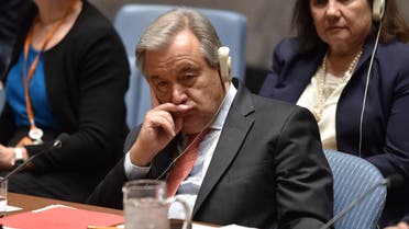 UN Secretary-General Antonio Guterres listens during a UN Security Council meeting at the United Nations Headquarters in New York, on April 14, 2018.