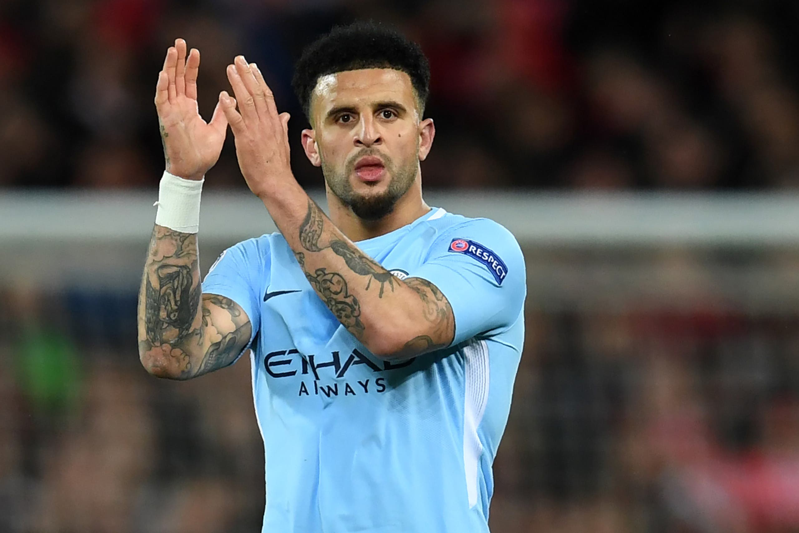 Manchester City's English defender Kyle Walker reacts at the final whistle during the UEFA Champions League first leg quarter-final football match between Liverpool and Manchester City on April 4, 2018. (AFP)