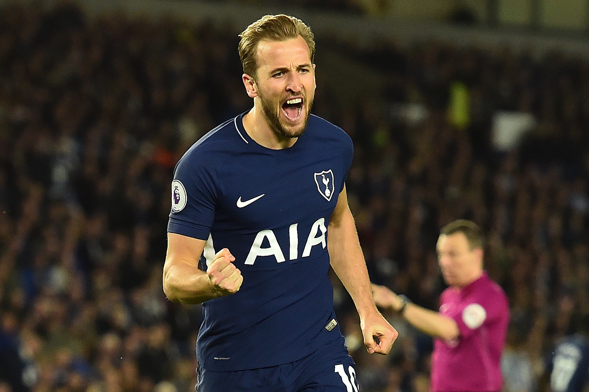 Tottenham Hotspur’s English striker Harry Kane celebrates scoring the opening goal during the English Premier League football match between Brighton and Hove Albion and Tottenham Hotspur on April 17, 2018. (AFP)