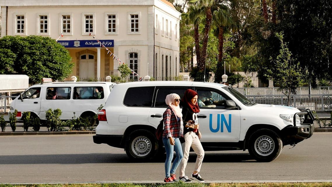 The United Nation vehicle carrying the Organization for the Prohibition of Chemical Weapons (OPCW) inspectors is seen in Damascus on April 17, 2018. (Reuters)