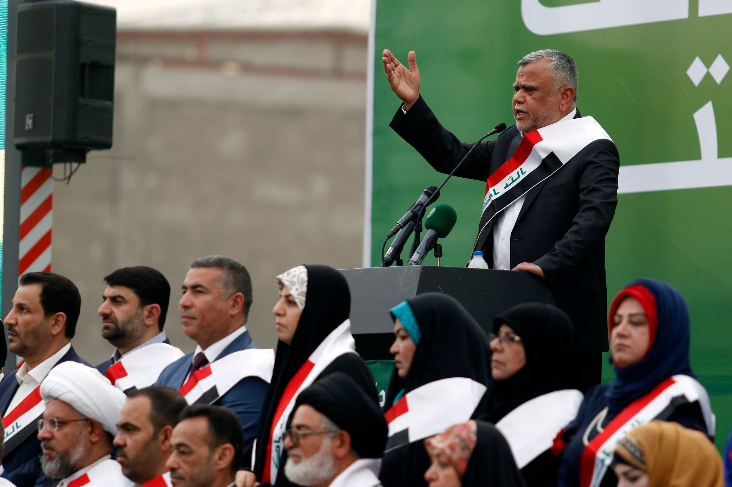 Hadi al-Ameri, head of the Badr organization and leader of Hashed al-Shaabi paramilitary units, speaks during a campaign gathering in Basra on April 21, 2018. (AFP)
