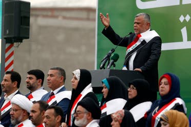 Hadi al-Ameri, head of the Badr organization and leader of Hashed al-Shaabi paramilitary units, speaks during a campaign gathering in Basra on April 21, 2018. (AFP)