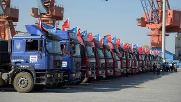 Chinese trucks carrying first trade goods are pictured parked at the Gwadar port, some 700 kms west of Karachi, on November 13, 2016. (AFP)